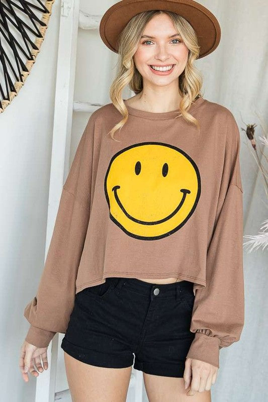 Smiley Face Long Sleeve Crop Top | Available in 4 Colors